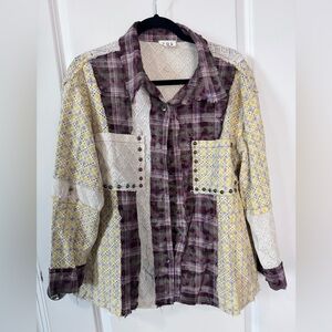 NWOT-POL Plaid and Lace Top with Studded Accents-Small